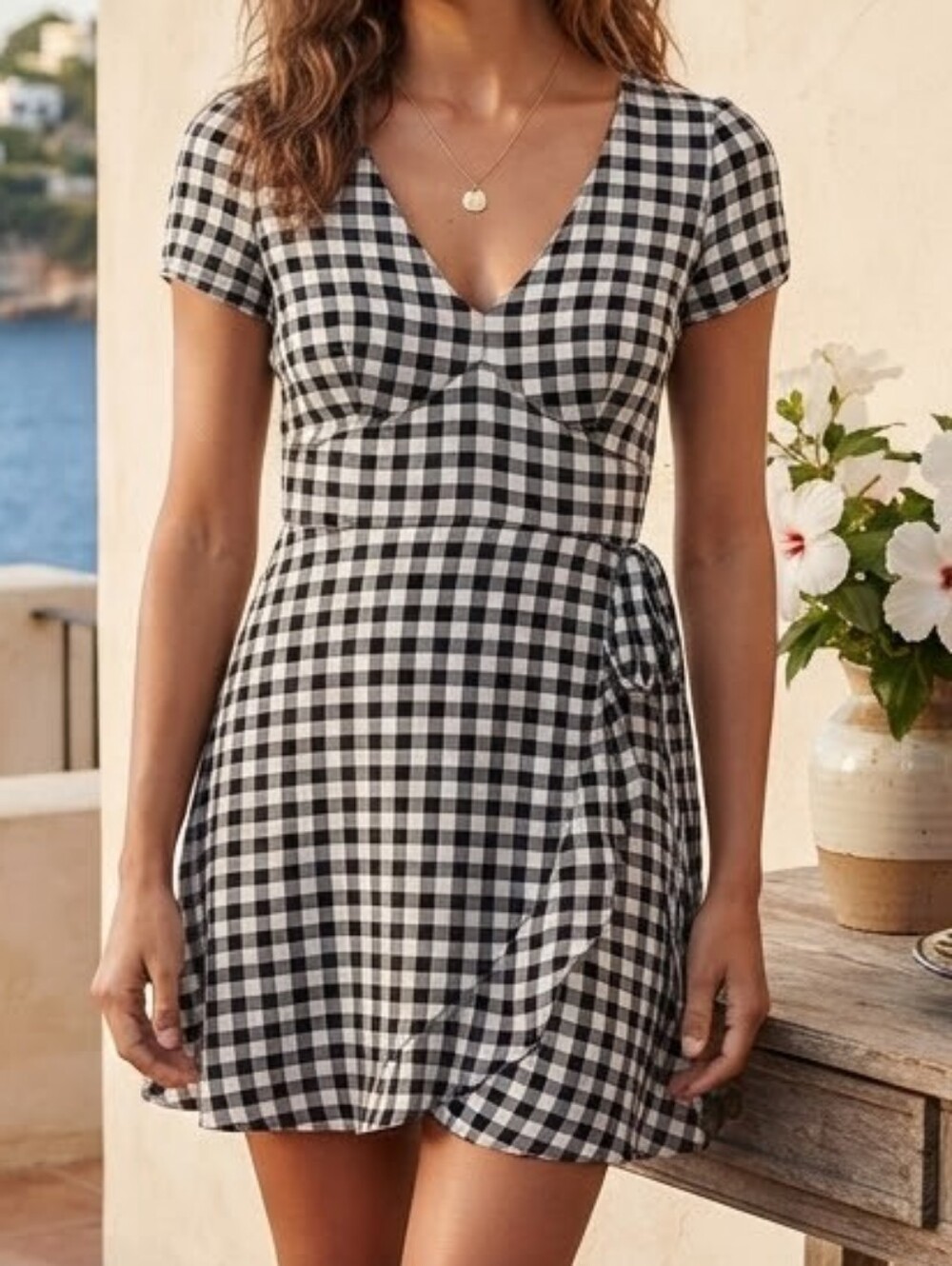 Abercrombie & Fitch Black and White Gingham Wrap Mini Dress